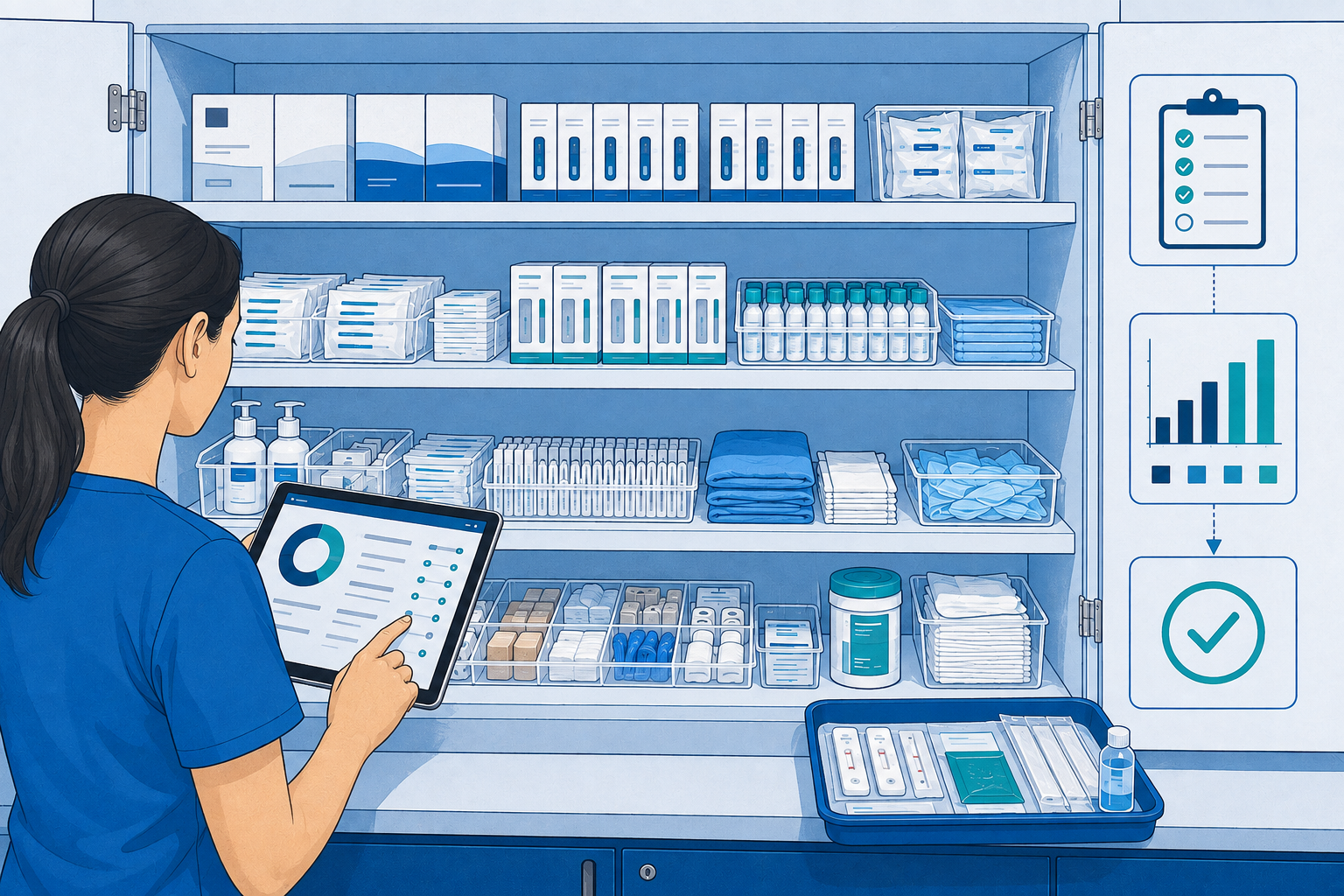 Armário organizado com testes e insumos, acompanhado por controle digital anônimo de estoque.