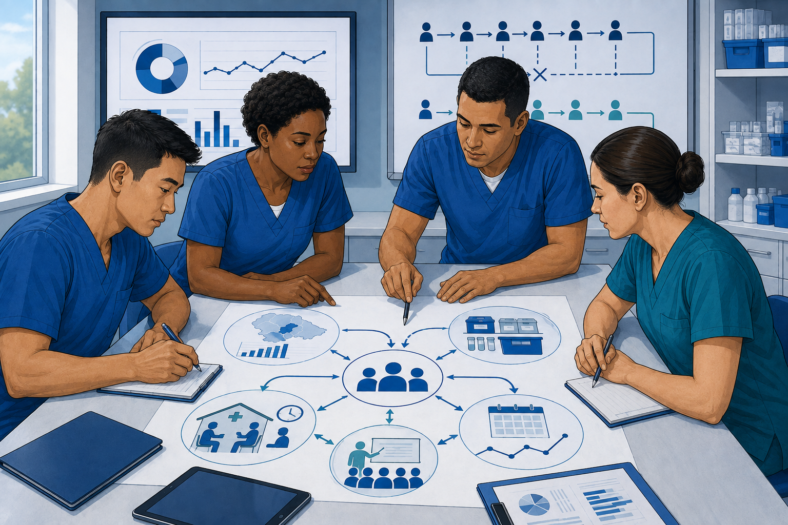 Equipe de saúde sem adornos desenha coletivamente um plano de ação integrado com dados locais, insumos, acesso, qualificação e monitoramento.