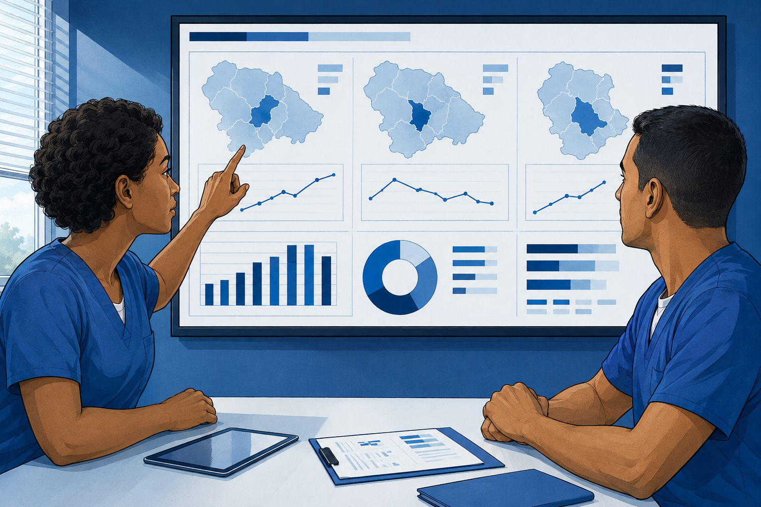 Enfermeira e enfermeiro sem adornos analisam juntos um painel territorial sem dados pessoais.