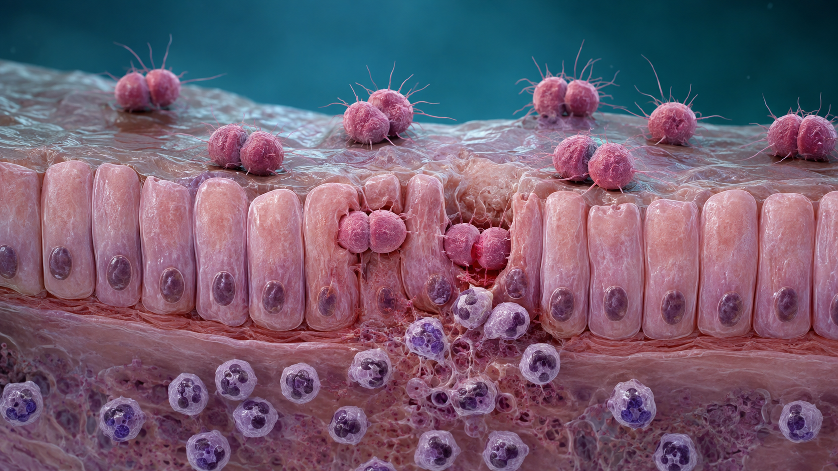 A imagem mostra diplococos aderidos ao epitélio e neutrófilos no tecido.
