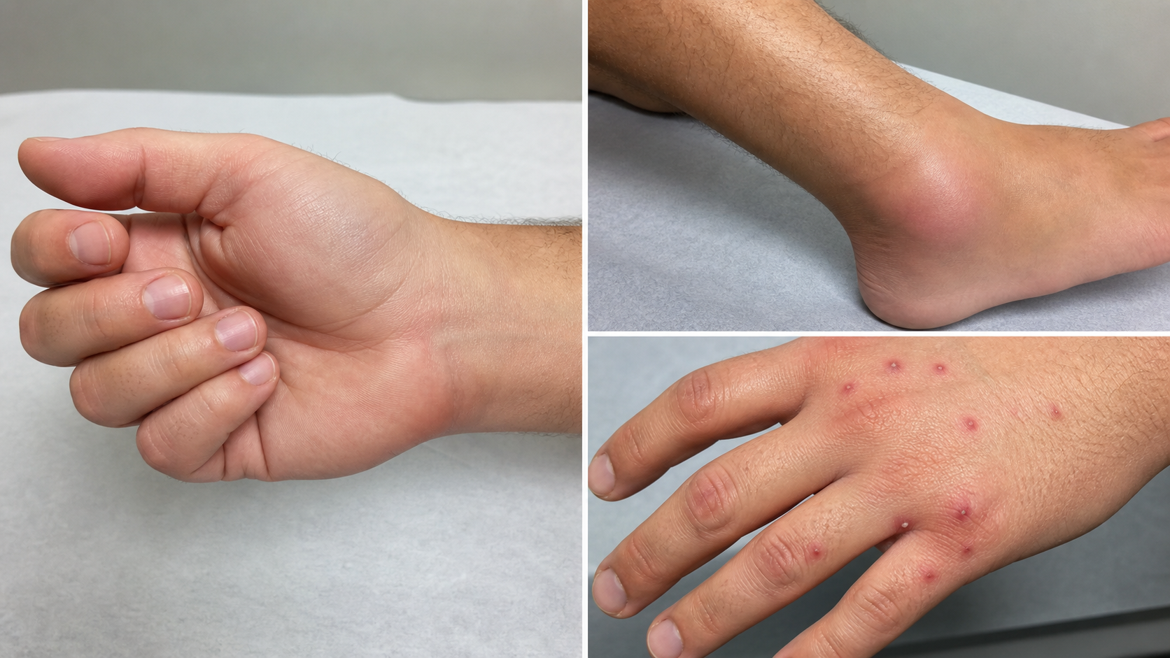 Fotografia clínica simulada, sem identificação, representa tenossinovite, inflamação articular e lesões acras.