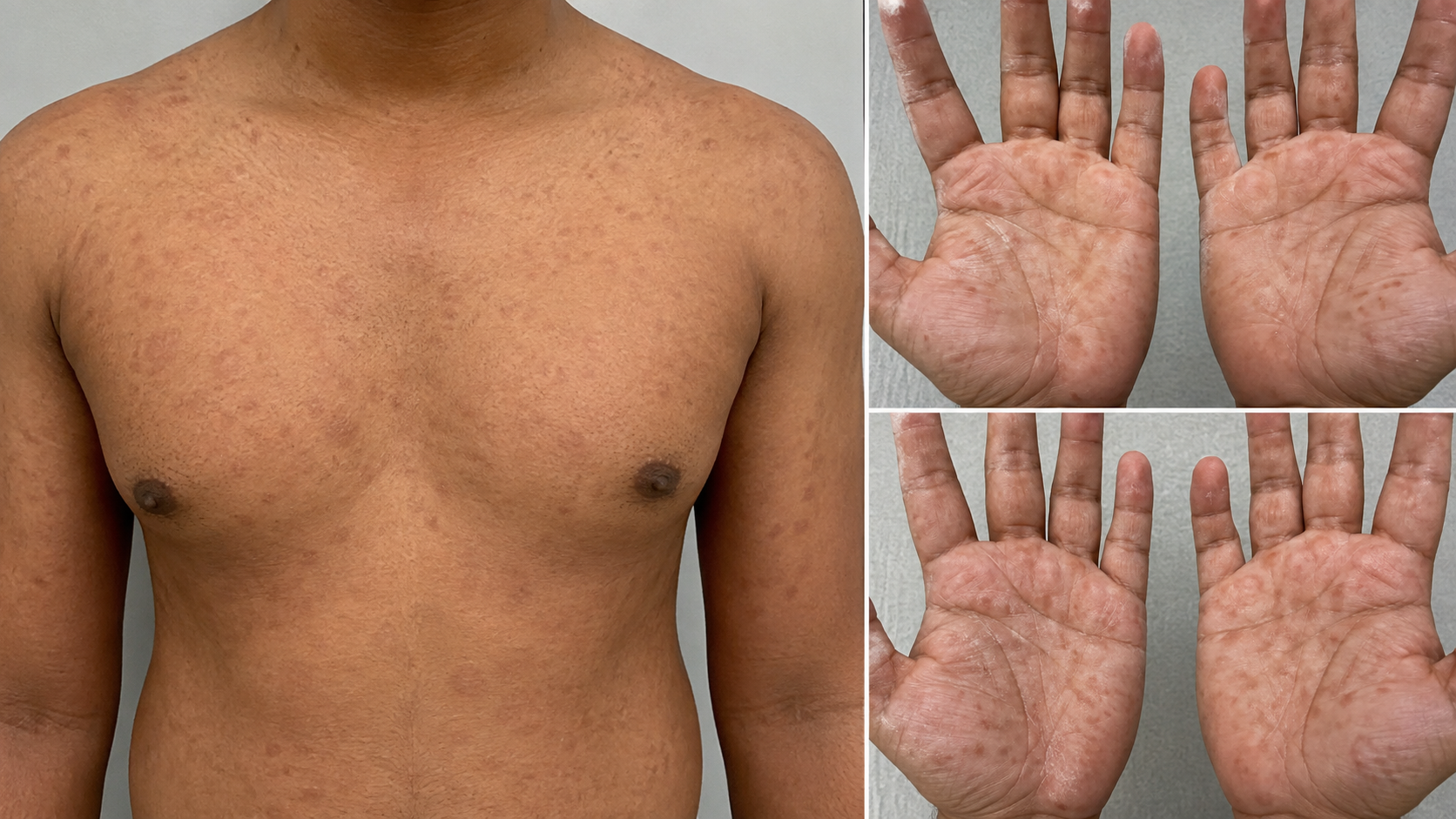 Fotografia clínica simulada, sem identificação, mostra exantema discreto no tronco e lesões palmoplantares.