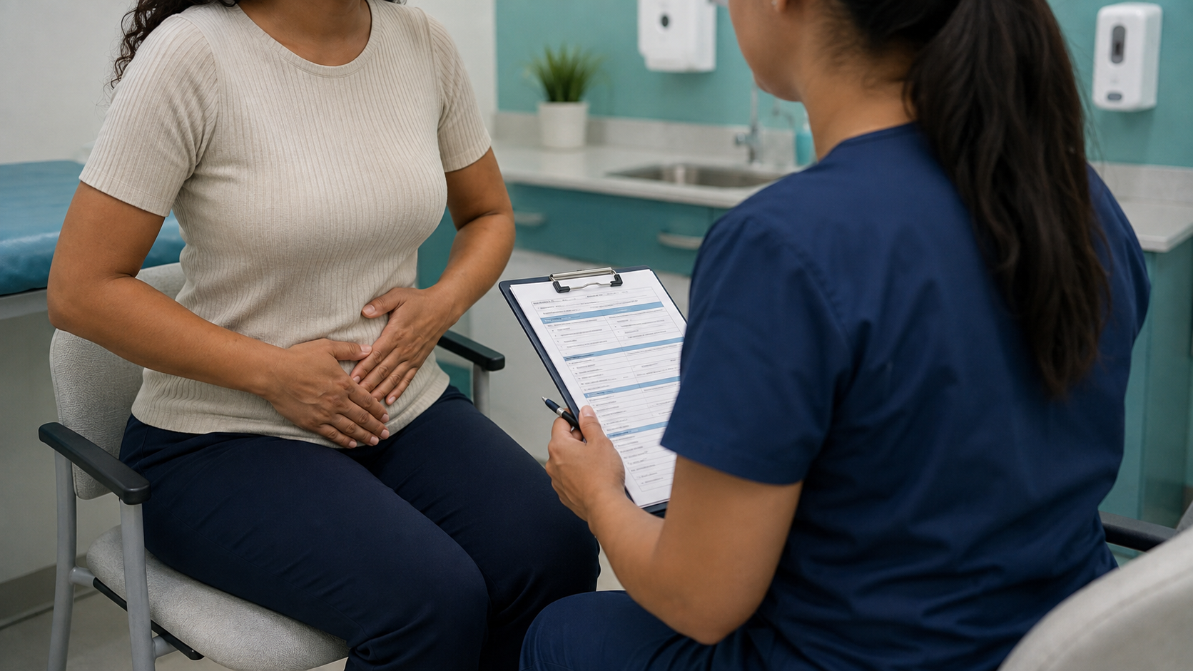 Paciente com dor pélvica em consulta de Enfermagem, sem rostos identificáveis e sem adornos