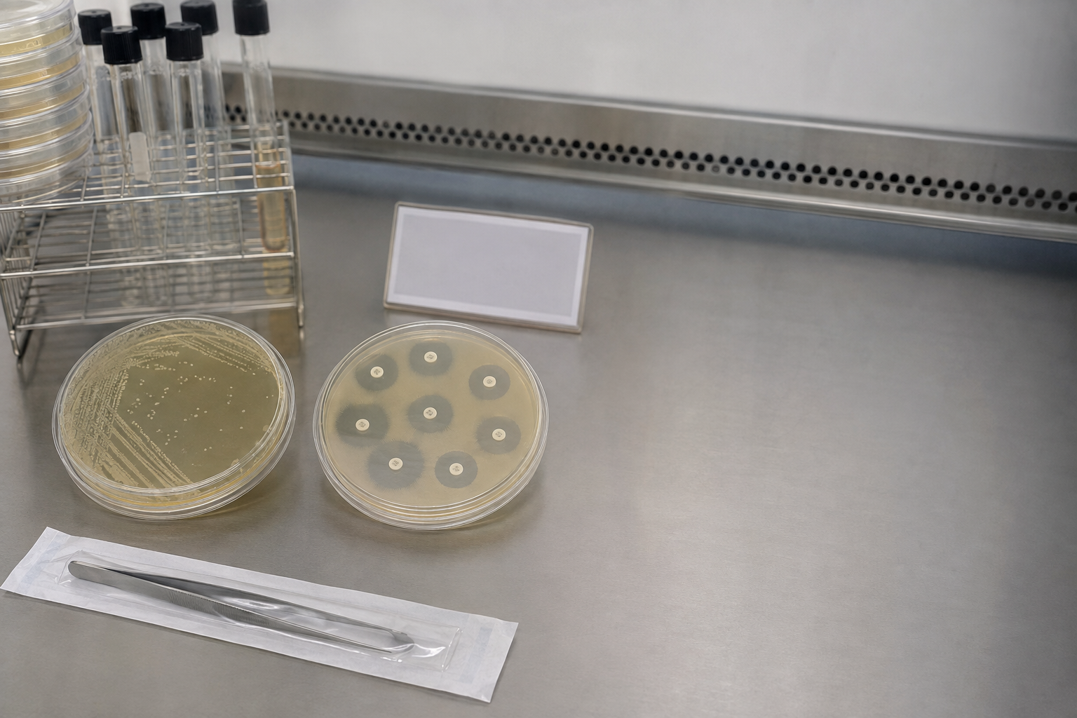Placas seladas de cultura e antibiograma, com crescimento bacteriano e halos de inibição visíveis.