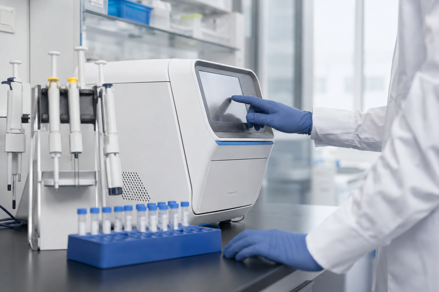 Equipamento de amplificação molecular em laboratório clínico, com manipulação protegida da amostra.