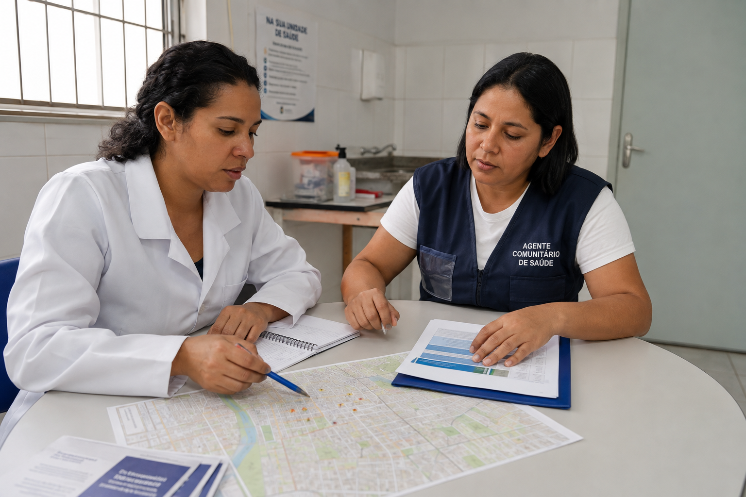 Profissional de enfermagem e agente comunitário planejam cuidado territorial e estratégias de seguimento.