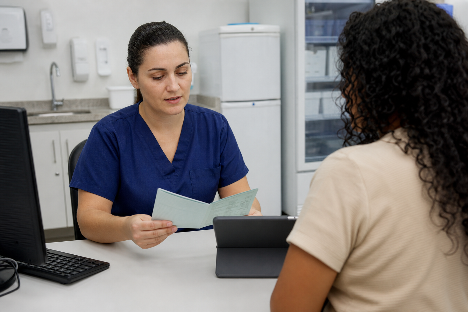 Profissional confere histórico e registro vacinal de pessoa adulta.