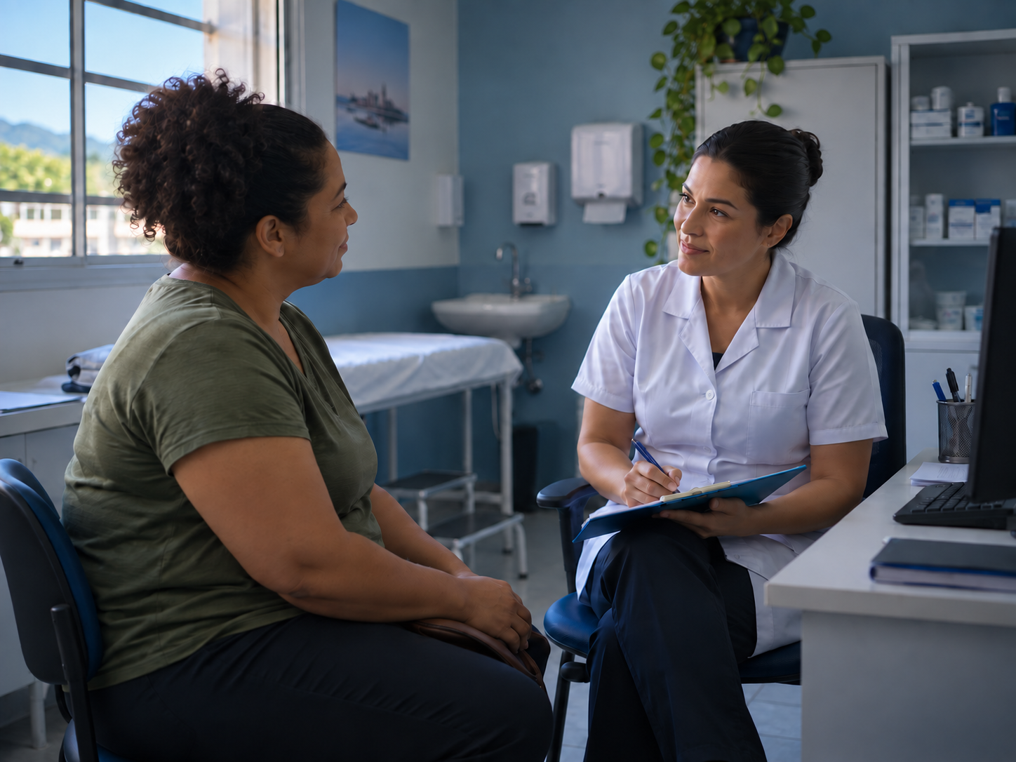 Profissional de enfermagem escuta uma paciente adulta no consultório.