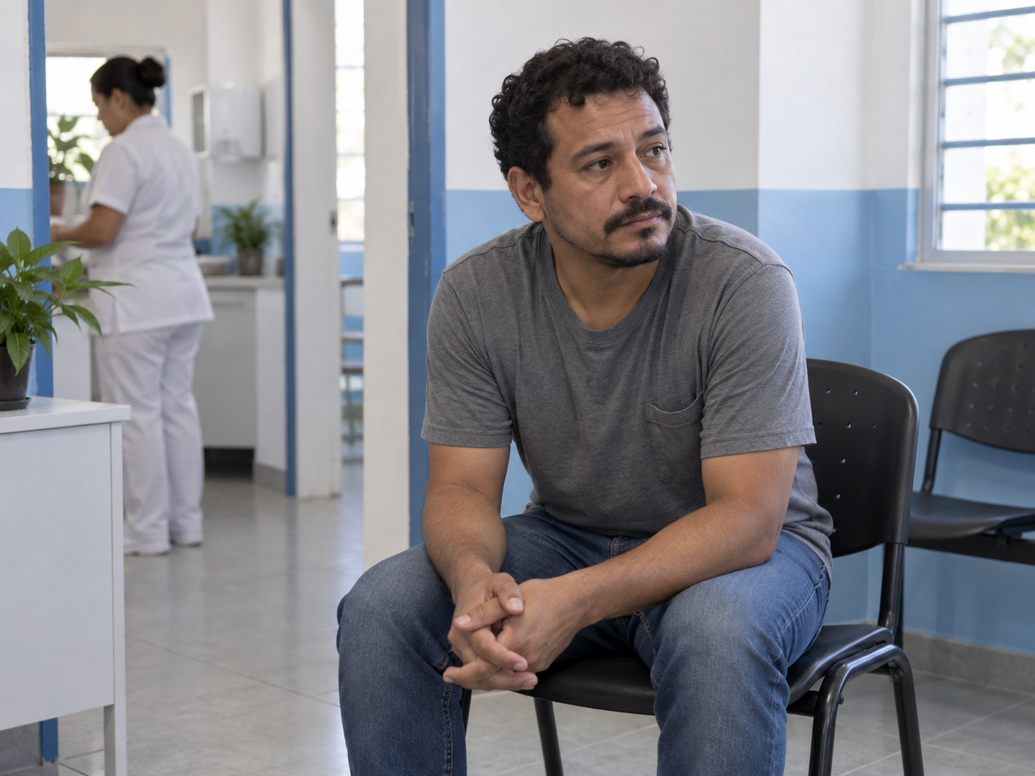 Marcos aguarda sentado, com as mãos entrelaçadas e o olhar desviado.