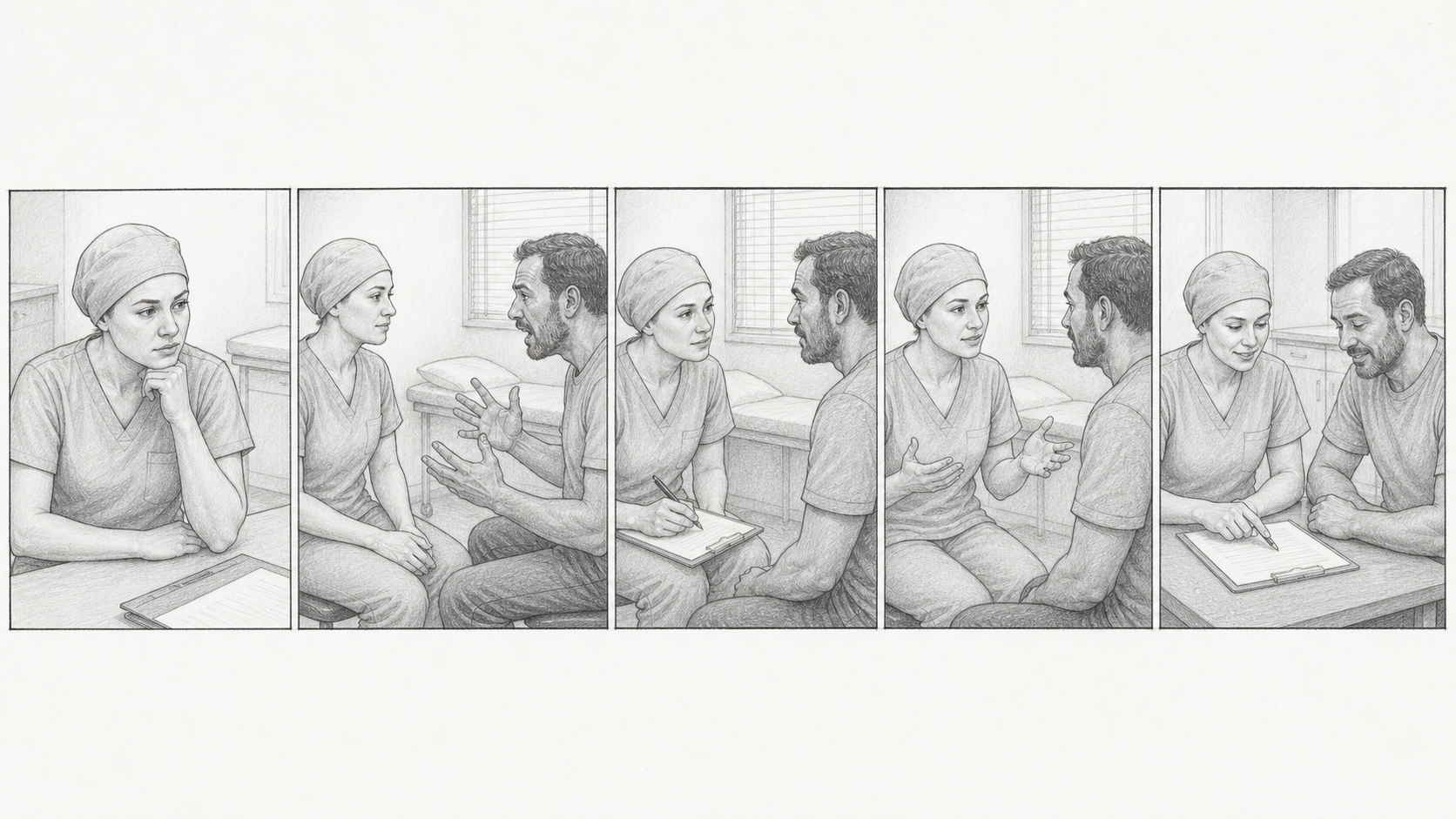 Storyboard ilustrado com cinco momentos da animação sobre competências para o vínculo terapêutico