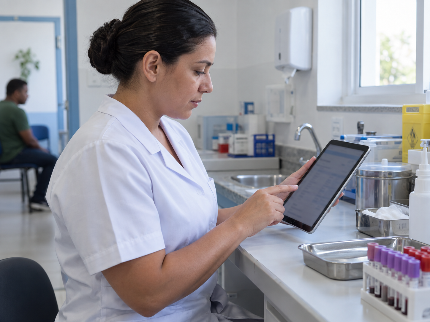 Profissional de enfermagem analisa informações em um tablet na sala de coleta.