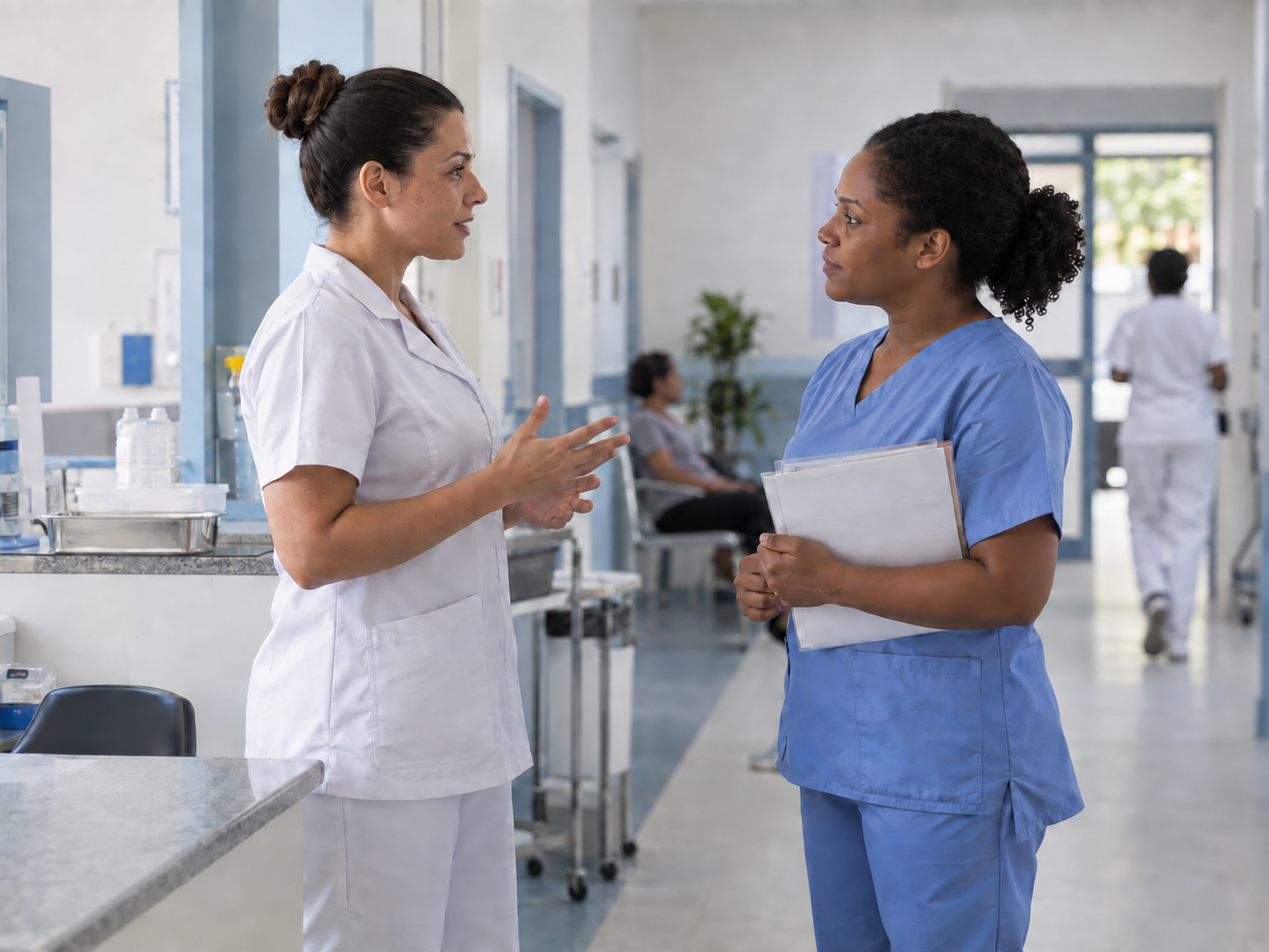 Patrícia conversa com uma colega no posto de enfermagem, com postura firme e respeitosa.