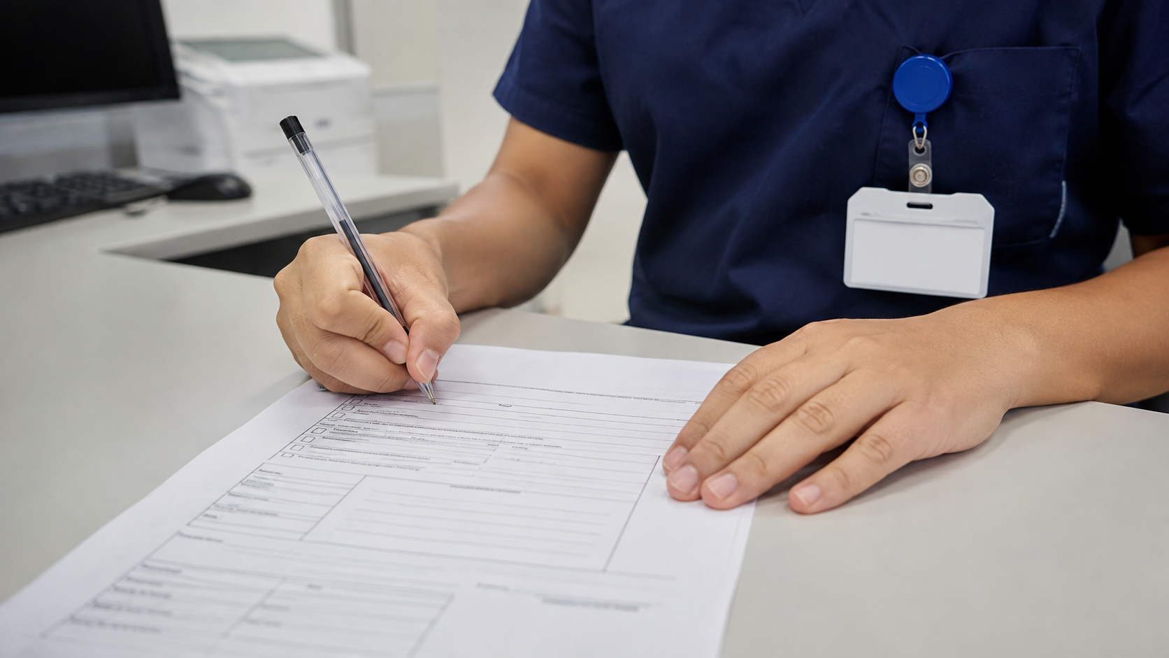 Profissional sem adornos preenche a identificação em documento clínico sem dados legíveis