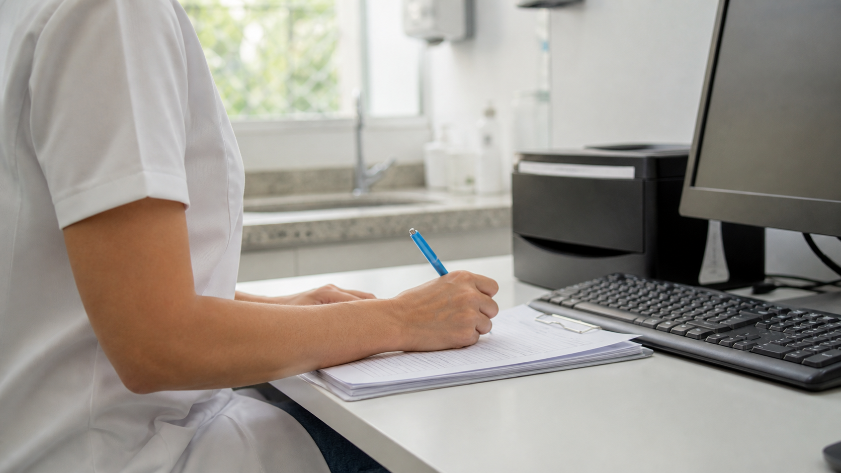 Profissional sem adornos registra avaliação e orientação em prontuário após a consulta