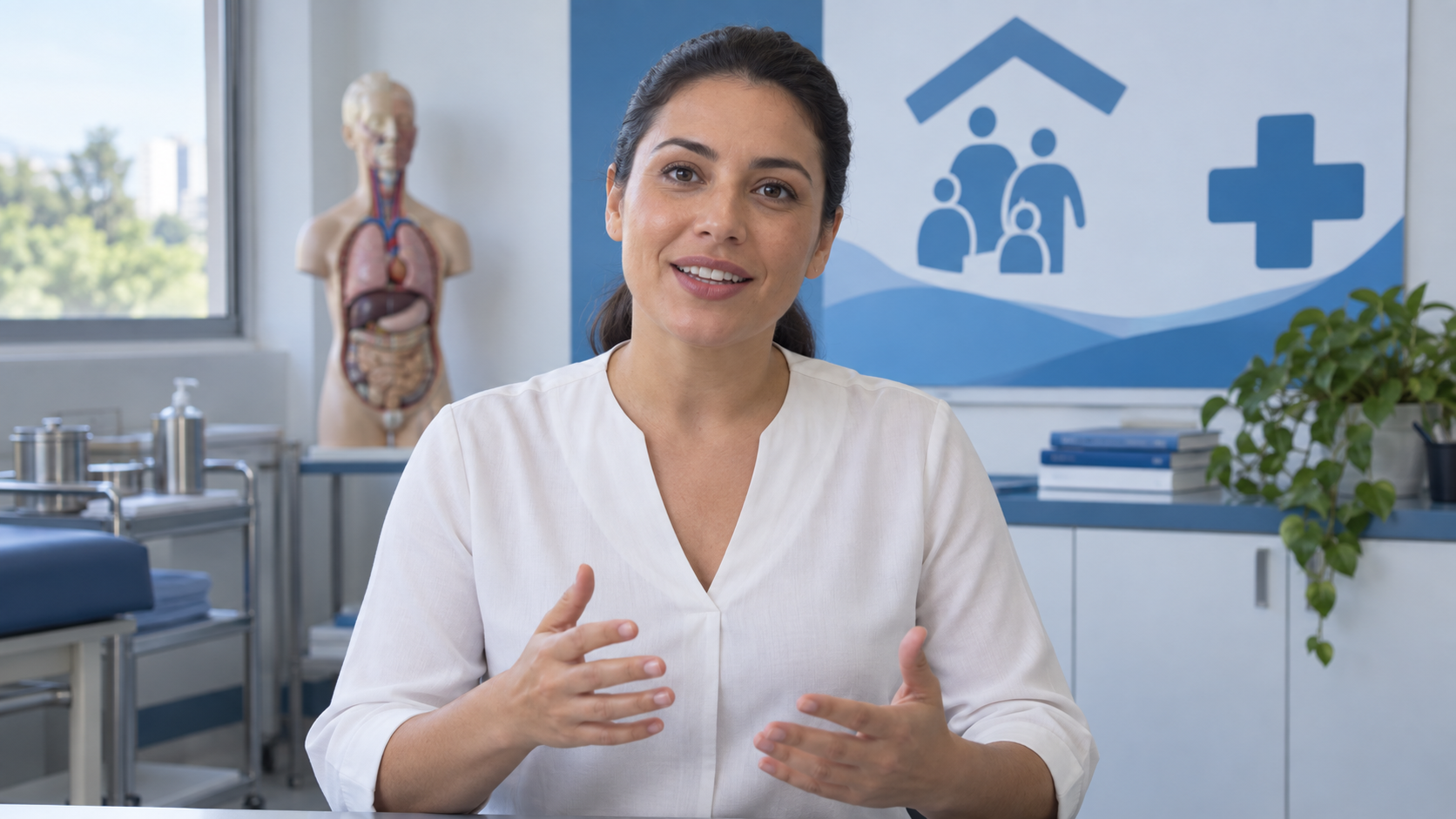Professora de enfermagem apresenta uma aula em ambiente institucional.