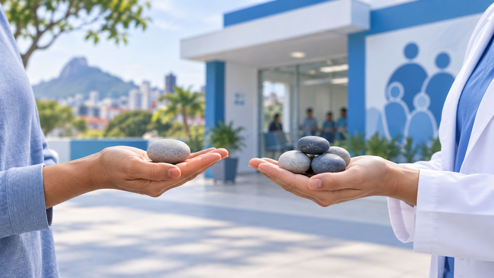Duas mãos sustentam uma pedra e um conjunto de pedras em composição equilibrada.