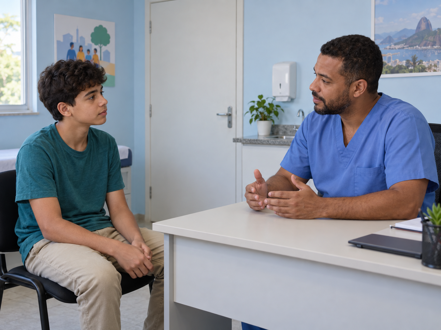 Adolescente conversa a sós com profissional de enfermagem em consultório reservado.