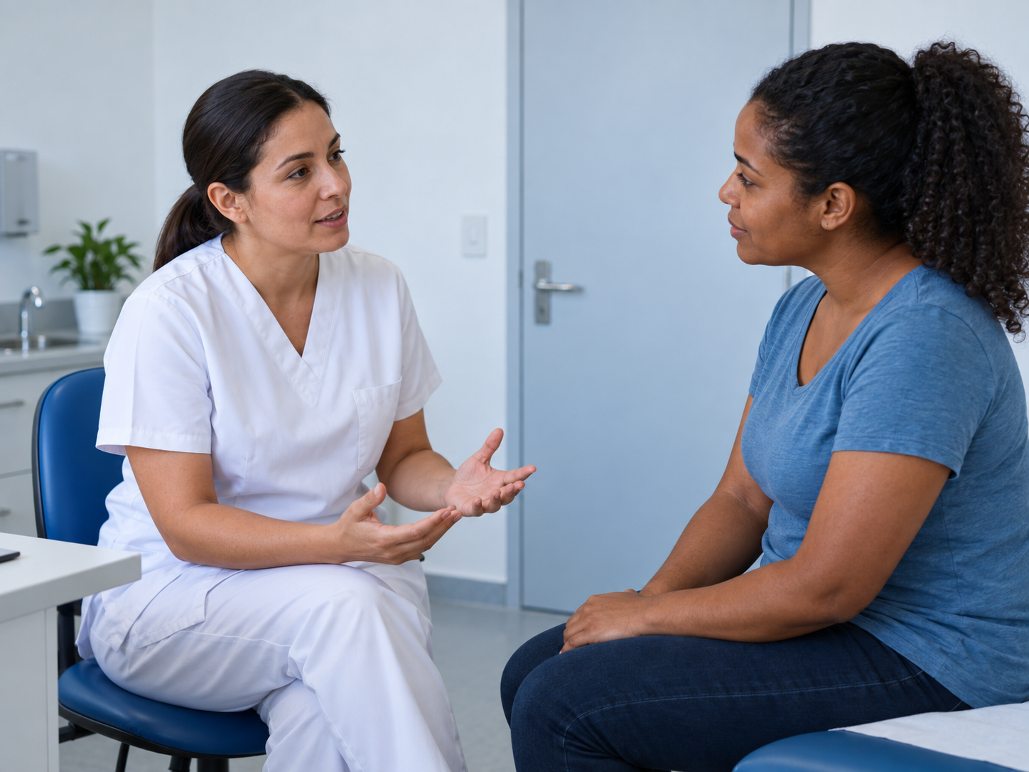Profissional de enfermagem conversa de forma colaborativa com uma pessoa adulta.