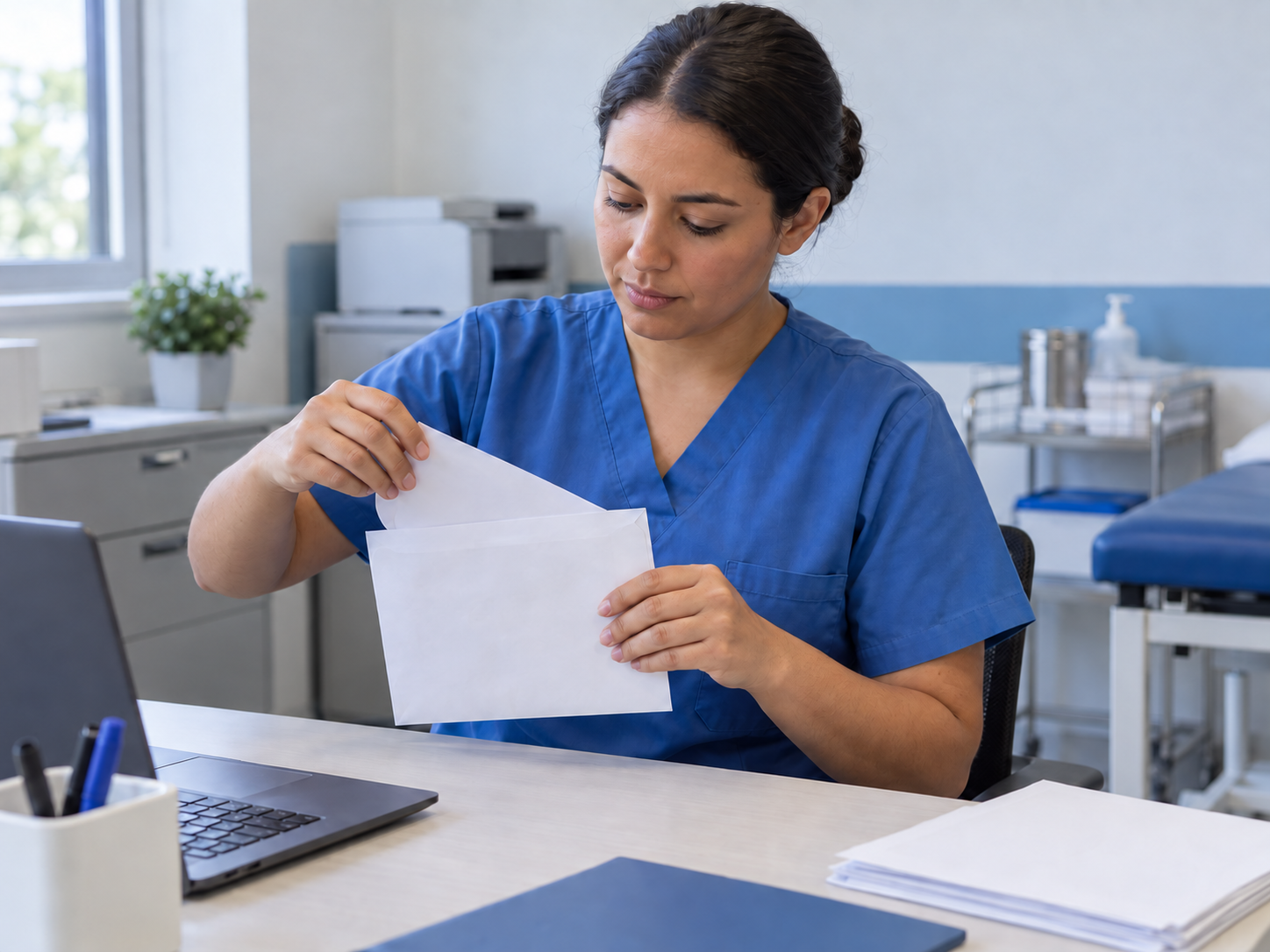Profissional prepara um envelope sem dados identificáveis em ambiente de serviço.