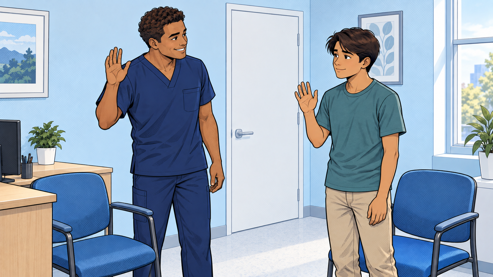 Diego e Rafael encerram a consulta com um aceno respeitoso.