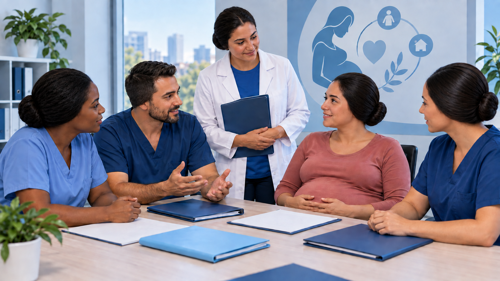 Equipe multiprofissional revisa o plano de cuidado da gestante.