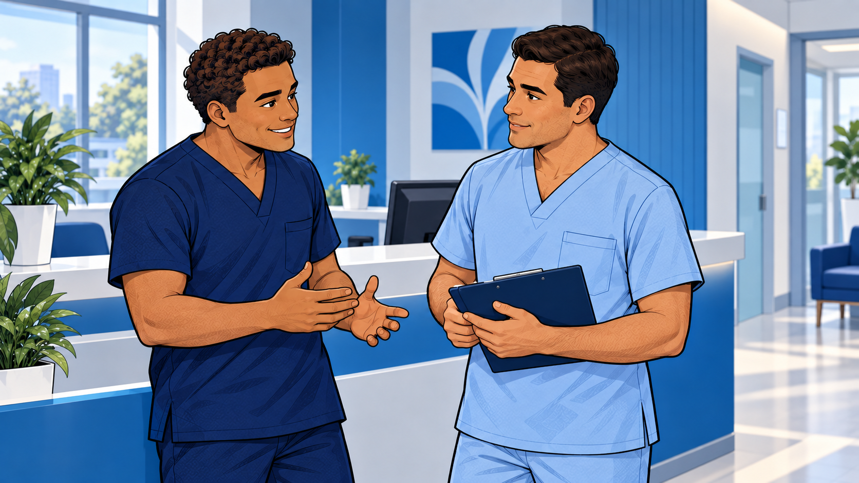 Diego conversa com um colega no consultório.