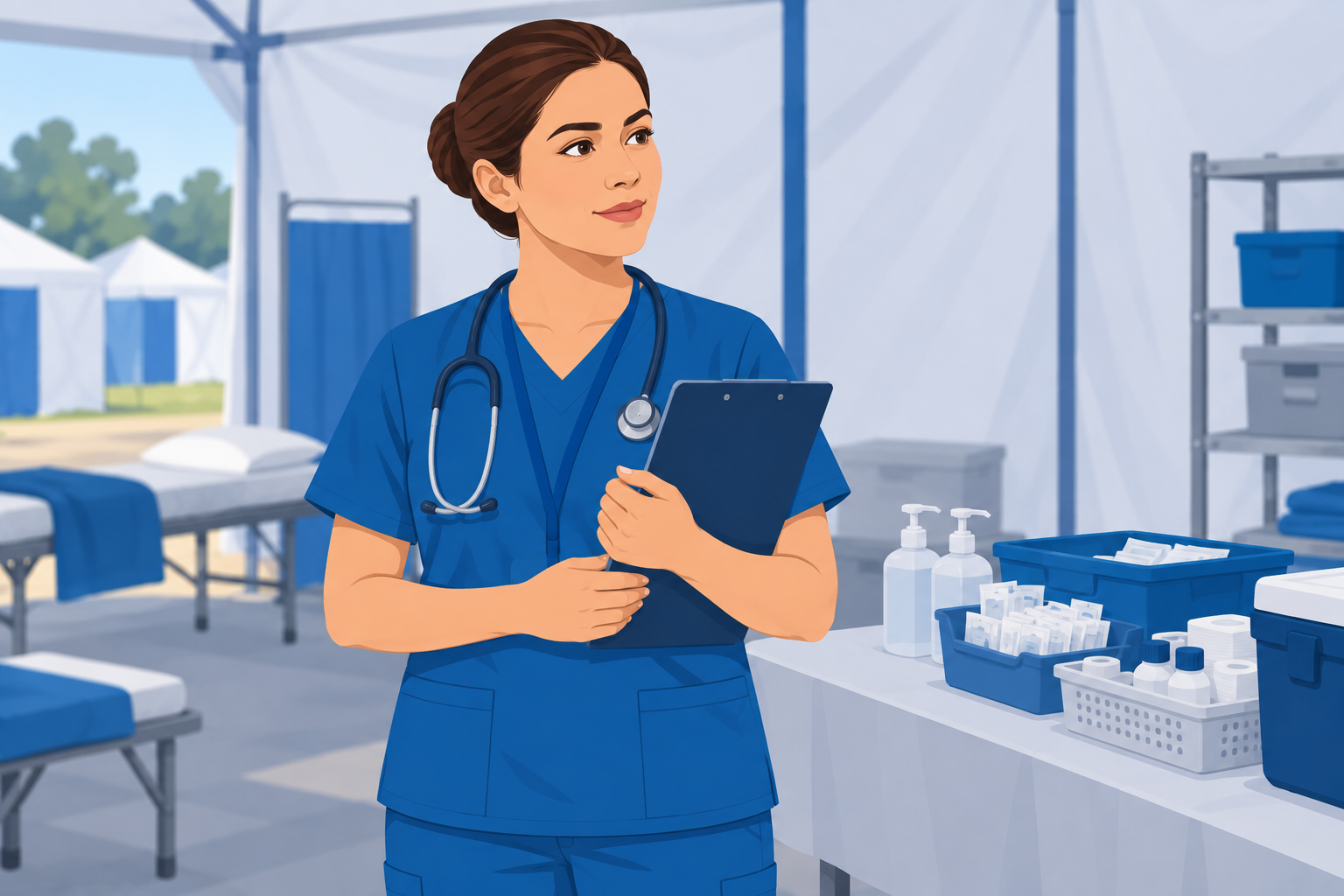 Ilustração — atendimento de Enfermagem em abrigo temporário